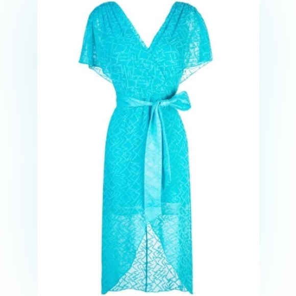 Alice & Olivia Silk-Cotton Tie-Waist Wrap Turquoise Dress - 8 - Picture 15 of 15